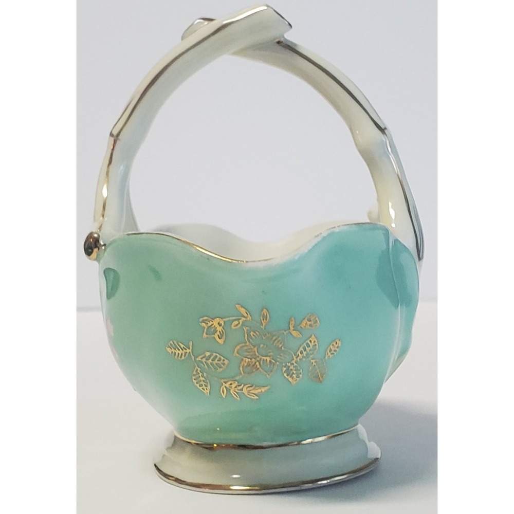 VTG Norcrest Fine China Trinket Basket Aqua/Pink/White HandPaint Gold Leaf 8/156 - Picture 5 of 11